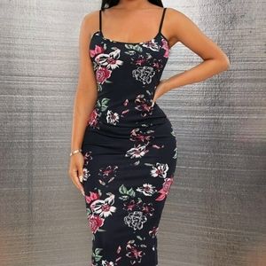 Sexy Floral Print Split Hem Bodycon Cami Dress- Small